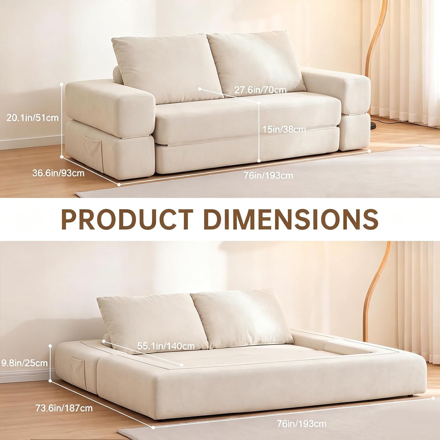 Detalle de Dailyhome DHSOFA-0239-BEIGE-NEW-CA Convertible Corduroy Sofa Bed, Beige