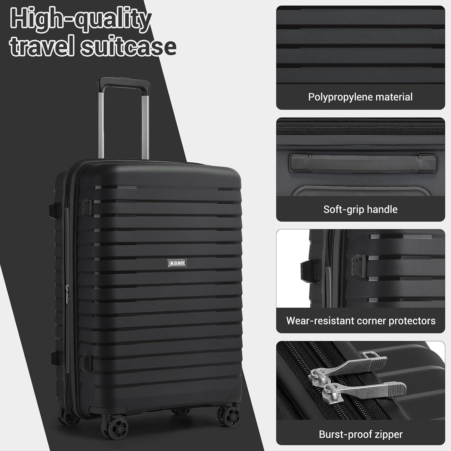 Thumbnail 2 de Kono Medium PP Suitcase, 76L Expandable, 4 Spinner Wheels and TSA Lock