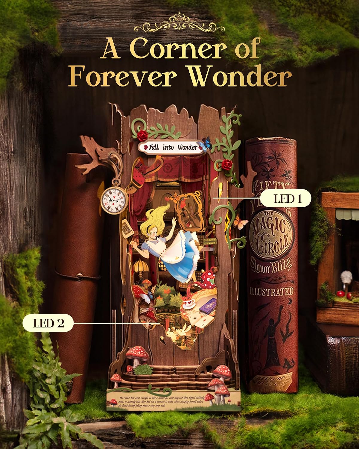 Detalle 1 de Rolife Book Nook “Fall into Wonder” DIY Miniature House Kit (300-piece) – Booknook diorama puzzle