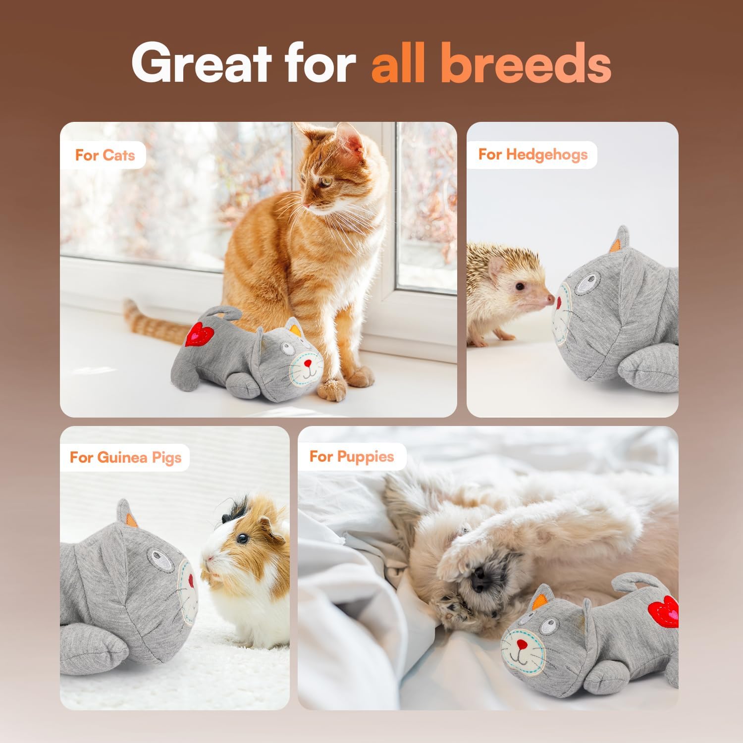 Detalle de All For Paws Heartbeat Cat Plush Toy (Grey Kitty with Heartbeat) – calming kitten companion