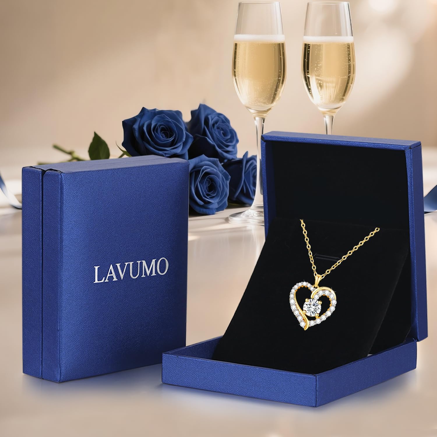 Thumbnail 5 de LAVUMO Damen-Halskette 14K Gold Herz mit Geburtsstein | 925er Silber, Doppelherz-Design
