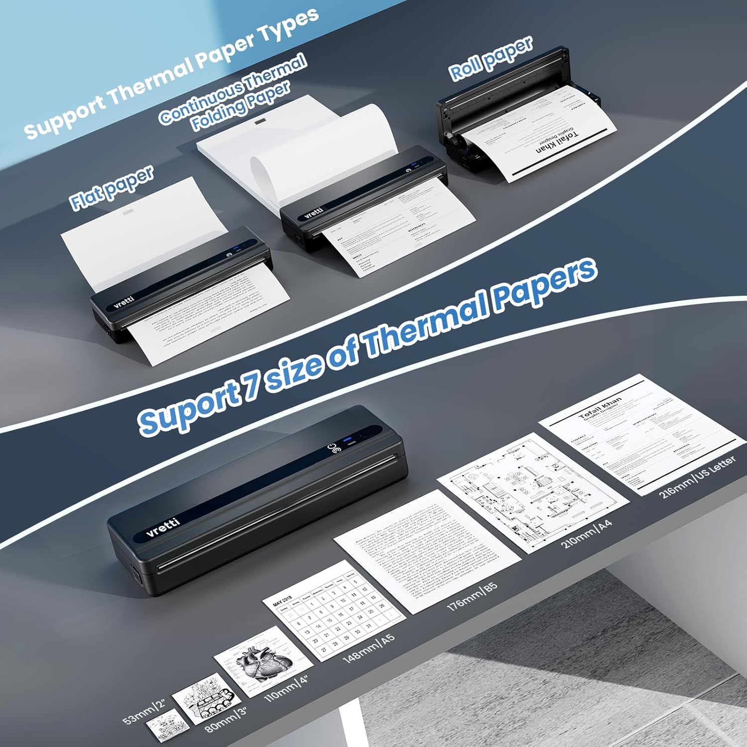 Thumbnail 2 de vretti PB821 Mobiler Thermodrucker – Bluetooth/USB, A4-Thermopapier, kompakt & tragbar
