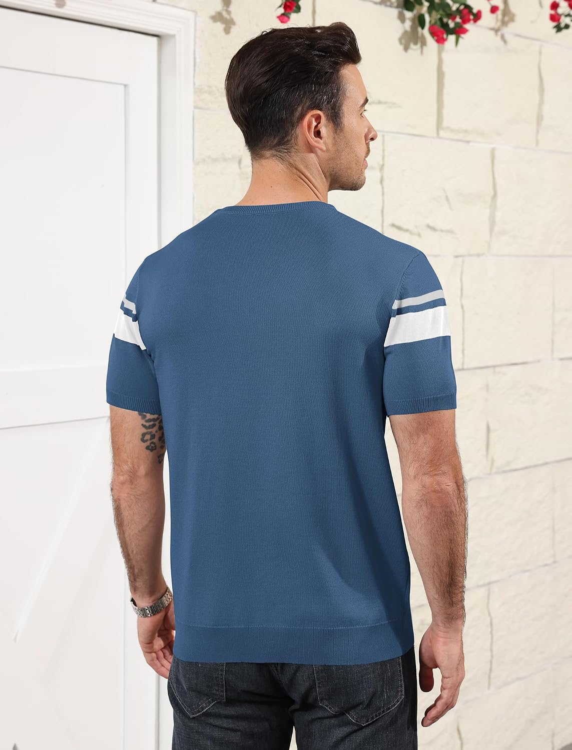 Detalle de Aulemen Herren Strick Kurzarm Streifen-T-Shirt – Regular Fit, bügelfrei & knitterfrei