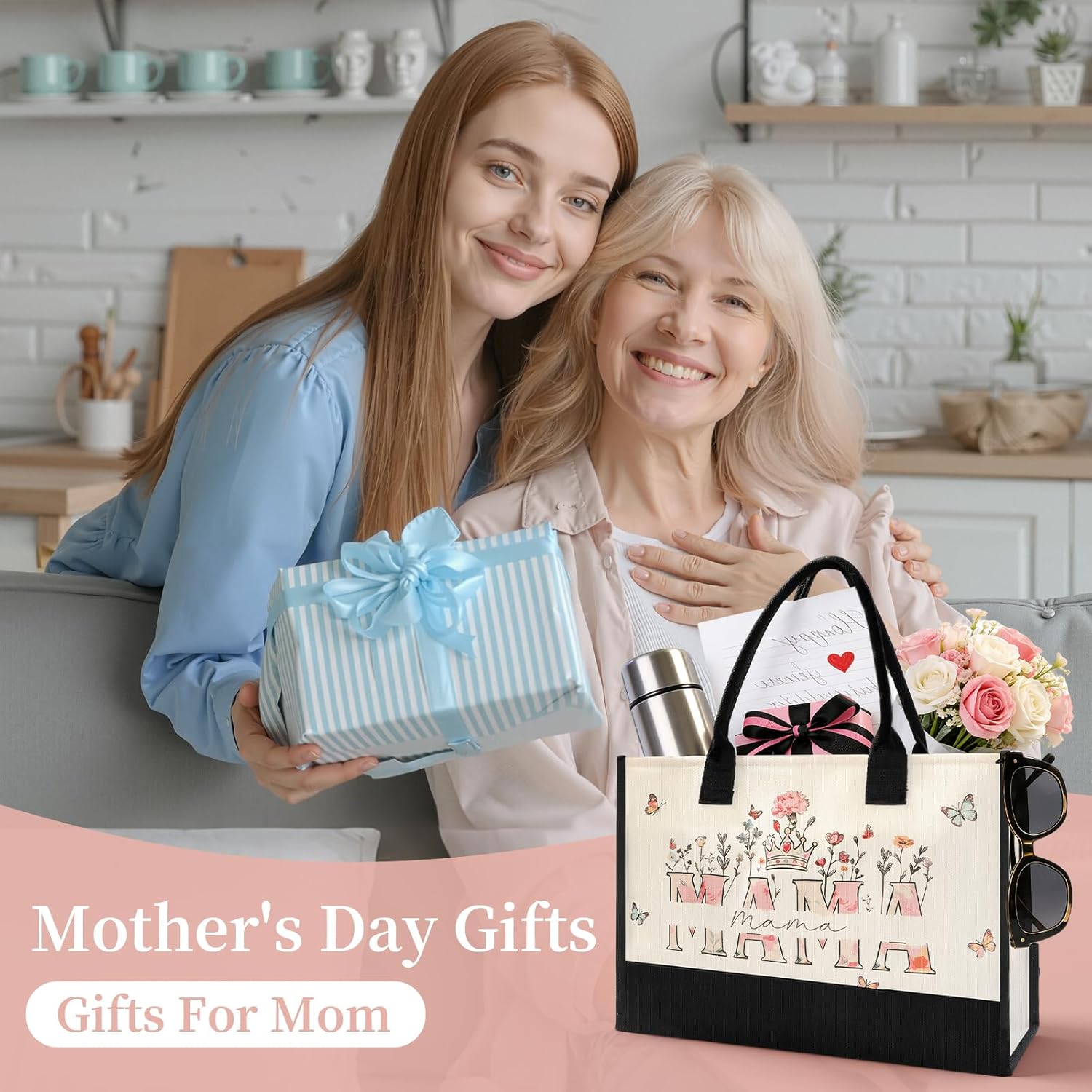 Thumbnail 1 de DFPDFP Floral “MAMA” Large Canvas Tote Bag (Open-Front, No Zipper) for New Mom & Mother’s Day Gifts