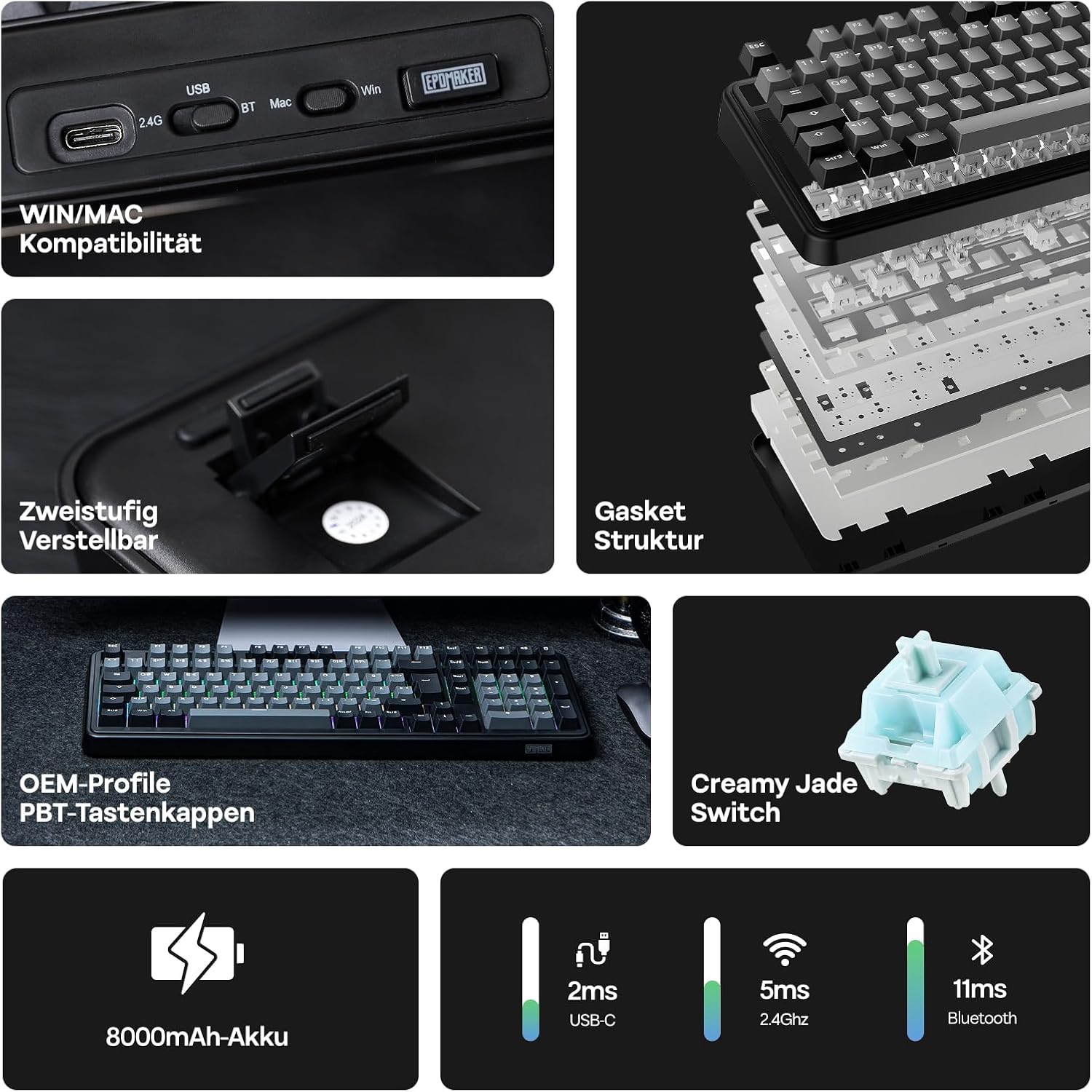 Thumbnail 1 de EPOMAKER TH99 ISO-DE QWERTZ Mechanische Tastatur – kabellos, 96% mit Numpad, Gasket, RGB & 8000mAh Akku