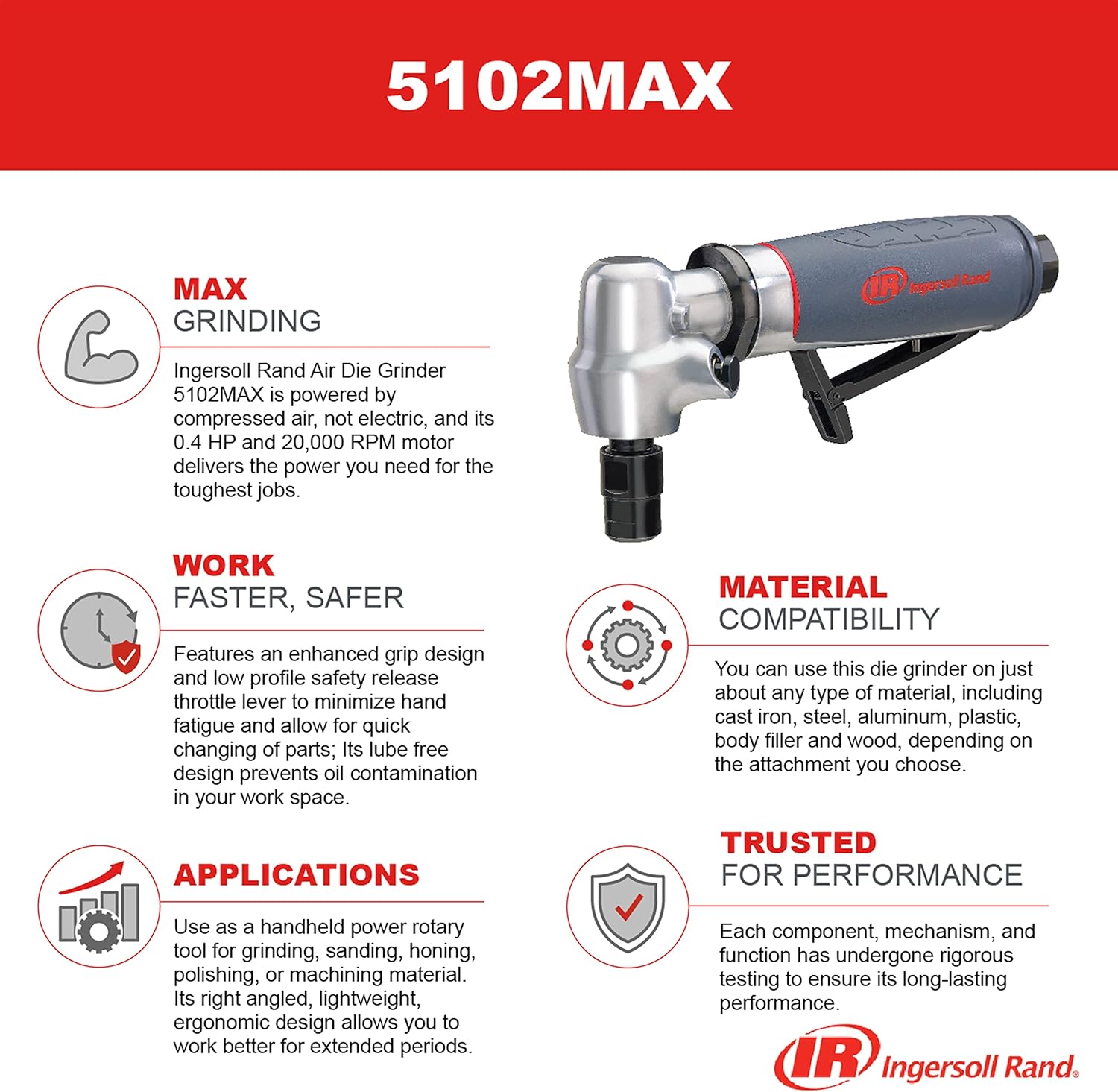 Detalle de Ingersoll Rand Smerigliatrice Angolare Pneumatica 5102MAX-M (0,4 CV, 20.000 giri/min) per Stampi
