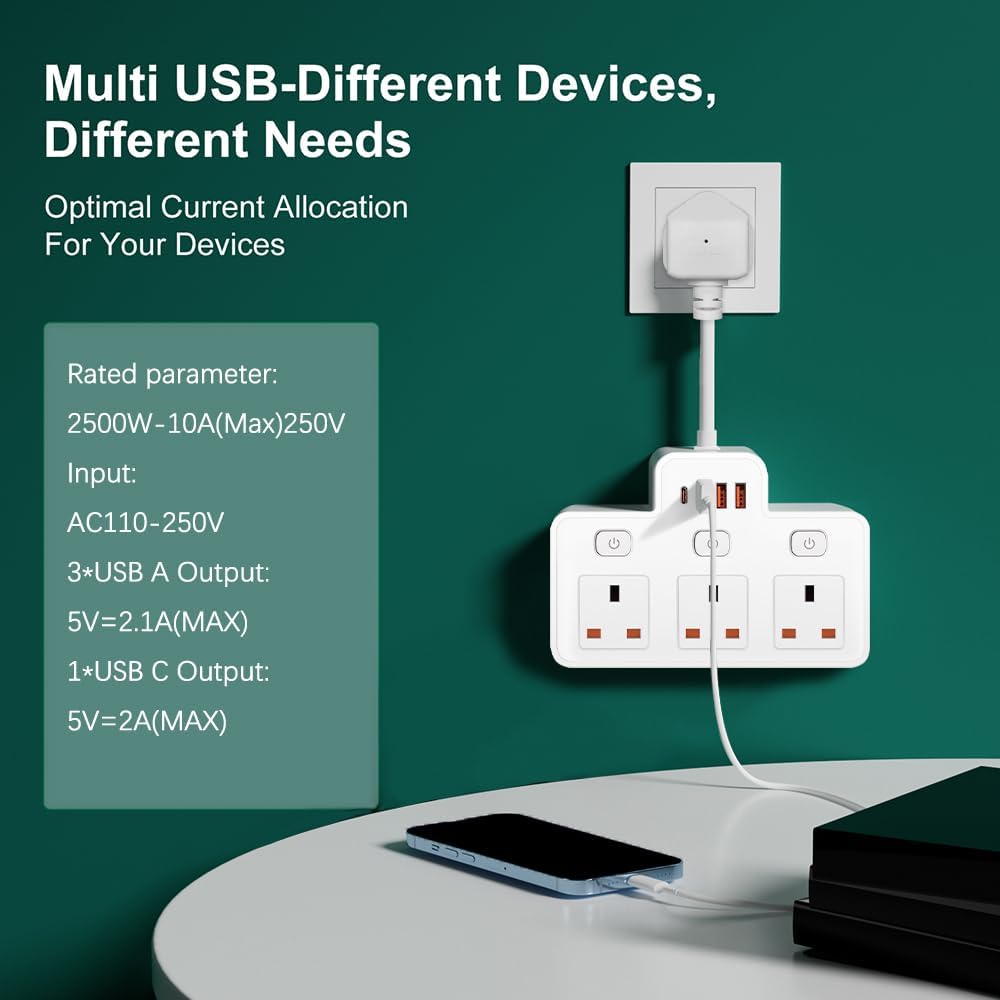 Detalle de Multi Plug Extension with Flexible Plug (3 Way, 3 USB, Individual Switched, Black)