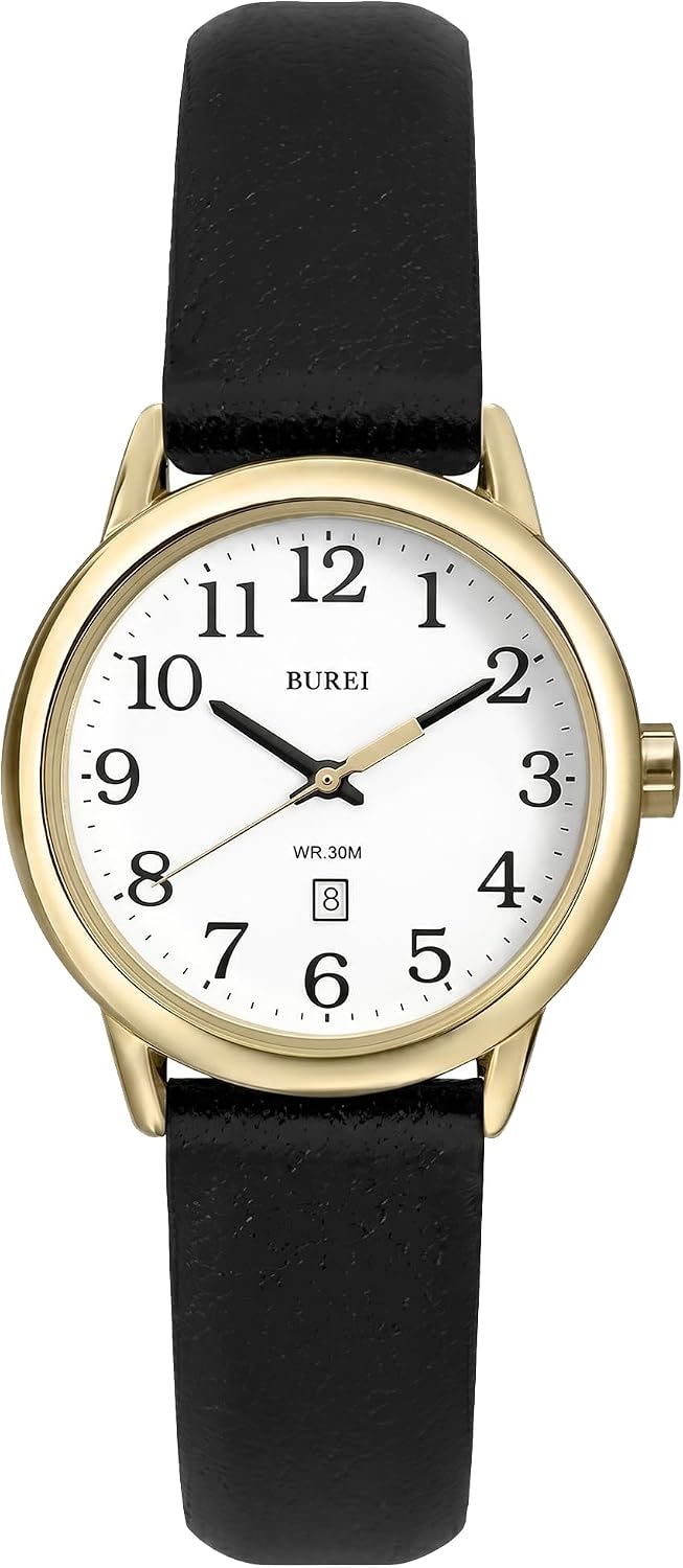 Detalle de BUREI Damenuhr Schwarz Leder Armbanduhr – Leuchtendes Quarzwerk, wasserdicht, leichtes Damenmodell (Black/Gold)