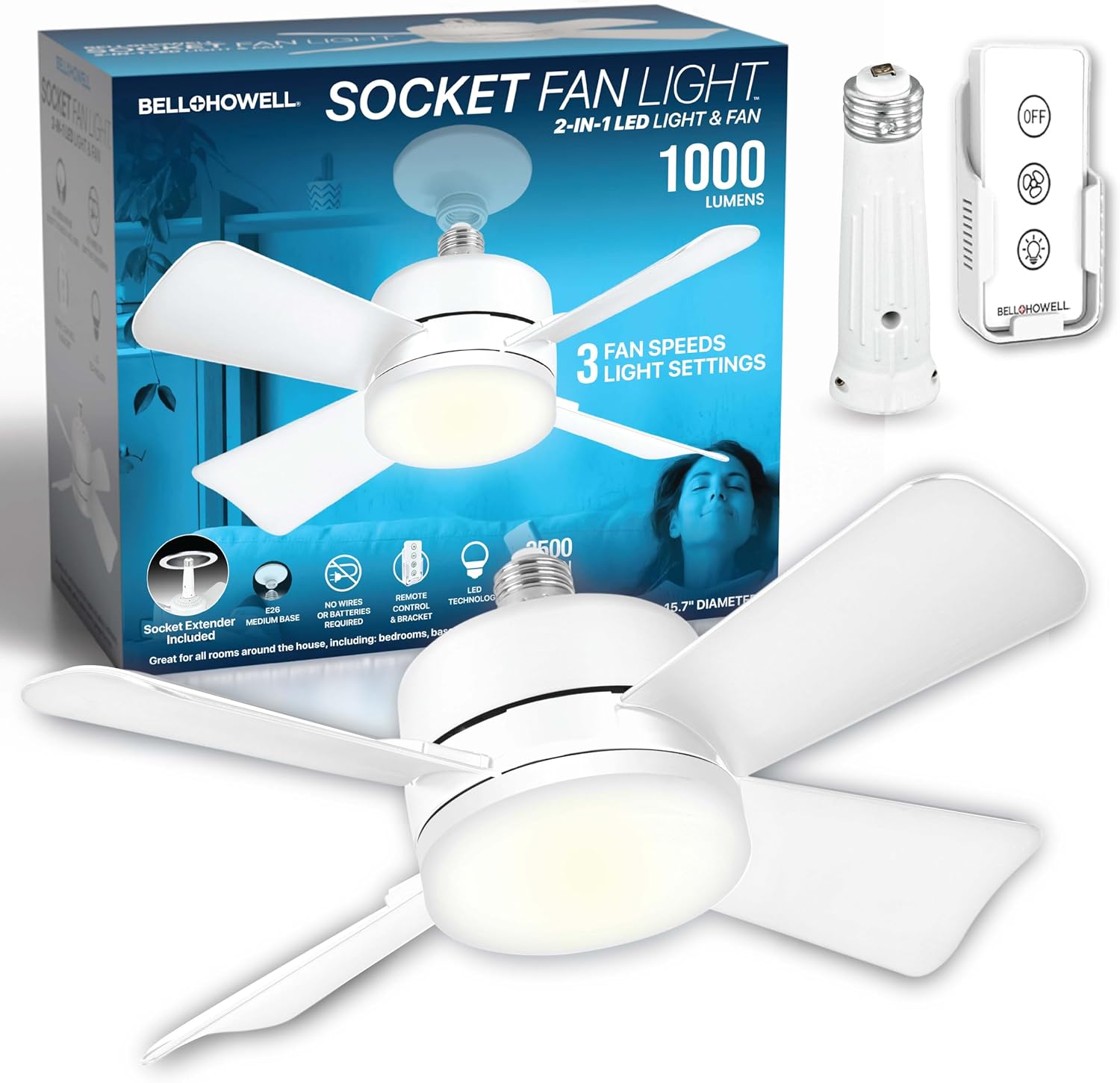 Detalle de Bell+Howell Socket Breeze 15.4" Socket Fan Light with Remote Control