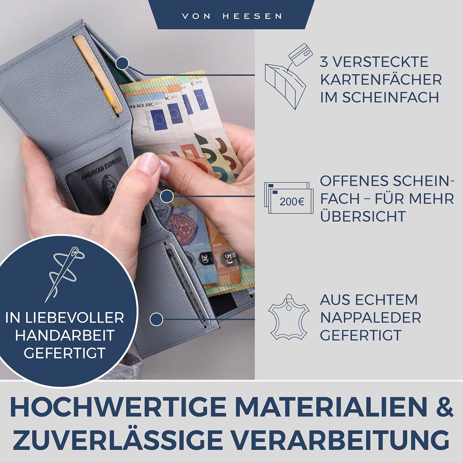 Thumbnail 3 de VON HEESEN Slim Wallet mit XL Münzfach & RFID Schutz – Leder Geldbörse, klein, hellblau