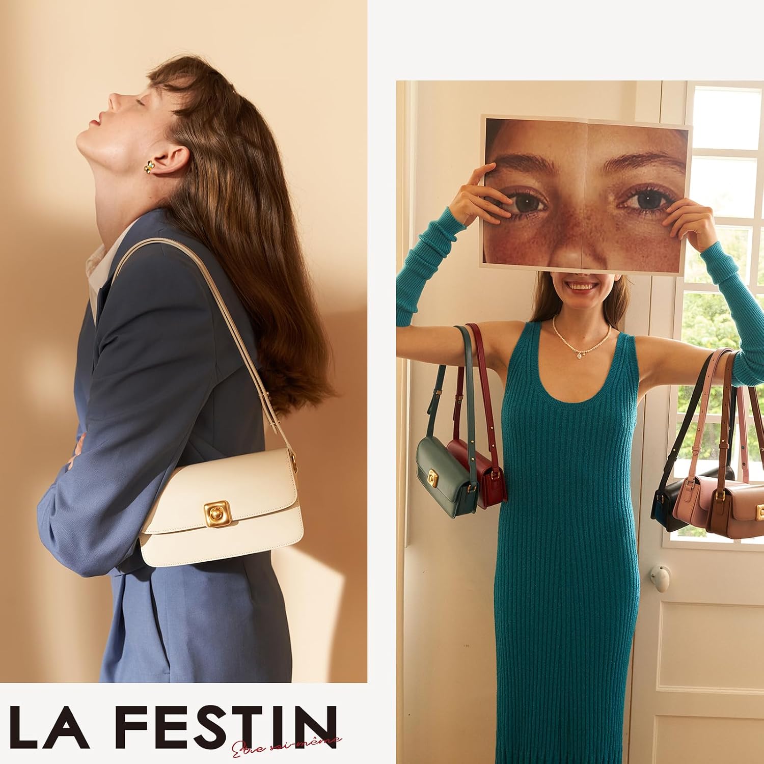 Detalle 2 de LA FESTIN Small Leather Shoulder Bag in Split Leather