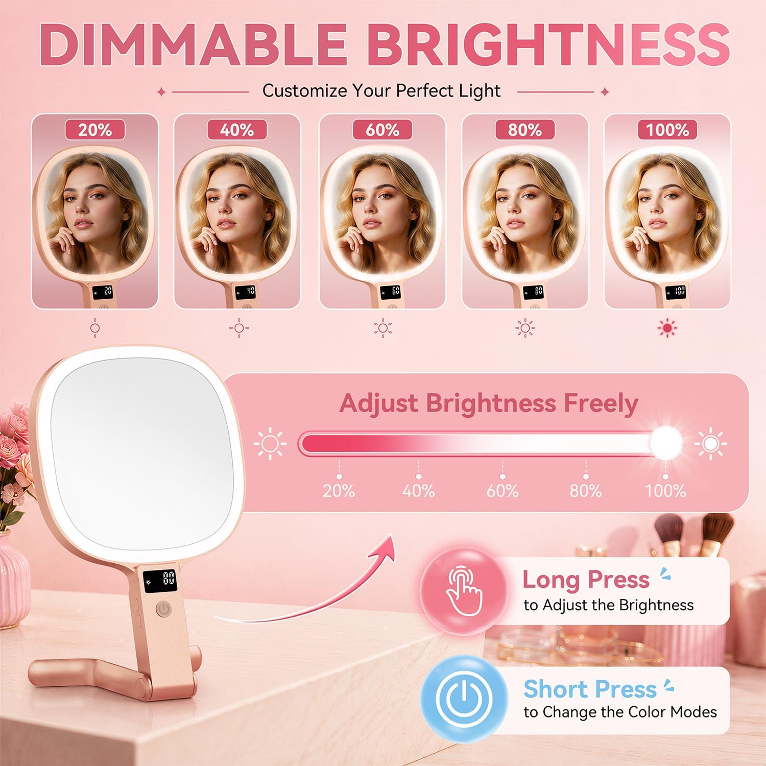 Detalle 2 de Auxmir Kosmetikspiegel mit Beleuchtung LED Display – 30X/1X Vergrößerung, USB-C Aufladung, 3 Lichtmodi, 392,5 g, Rosegold