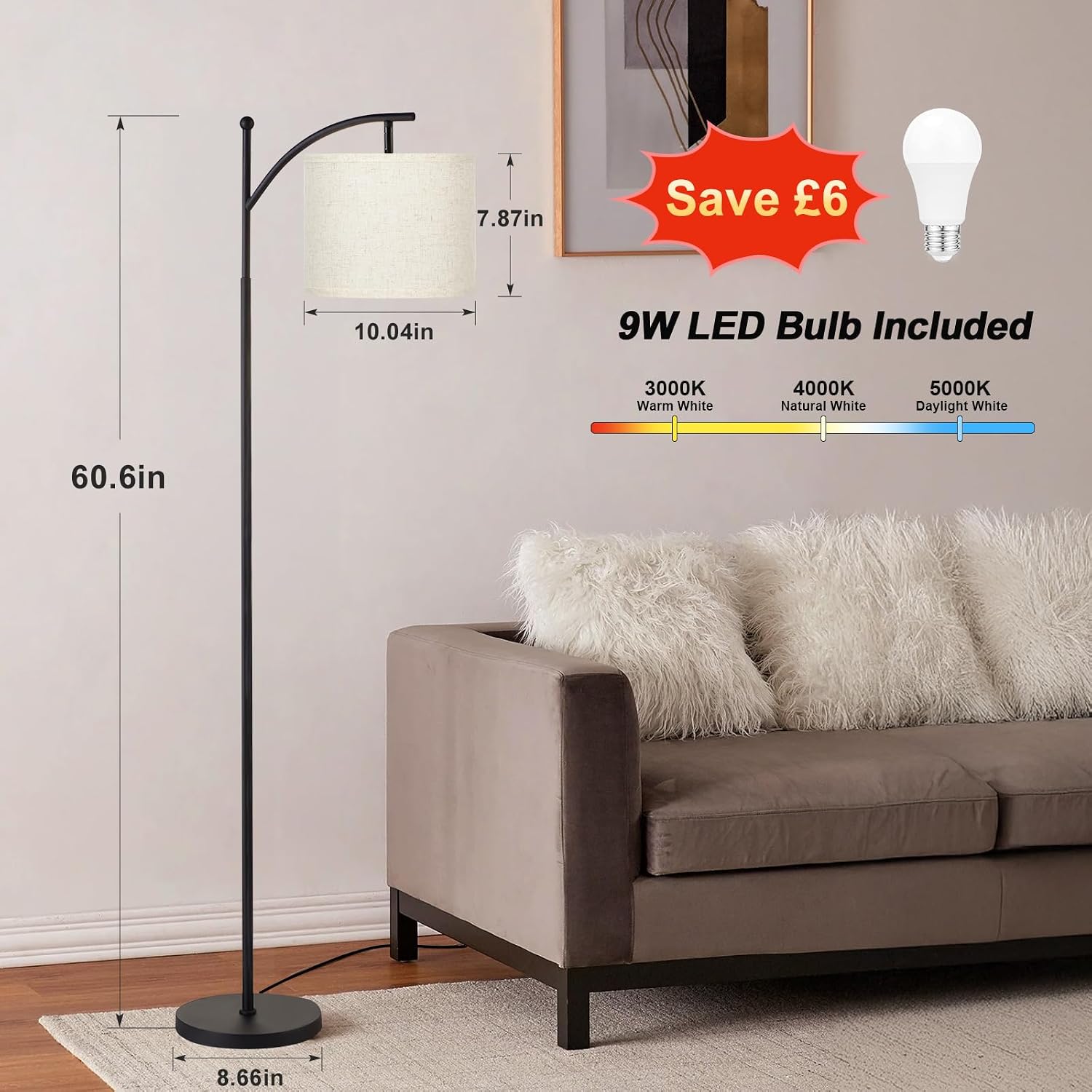 Detalle de Aooshine 60" Modern Arc Floor Lamp with 3 Temps 🛋