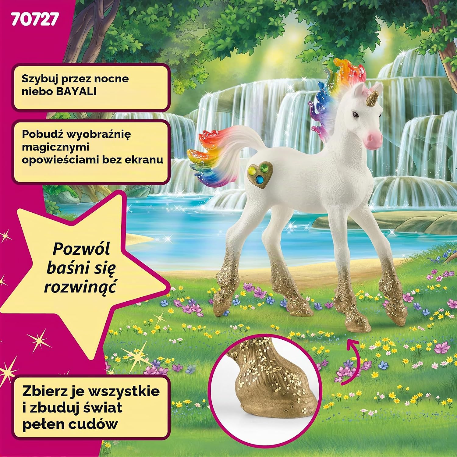 Detalle de Schleich BAYALA 70727 – źrebak tęczowego jednorożca, figurka z plakatem