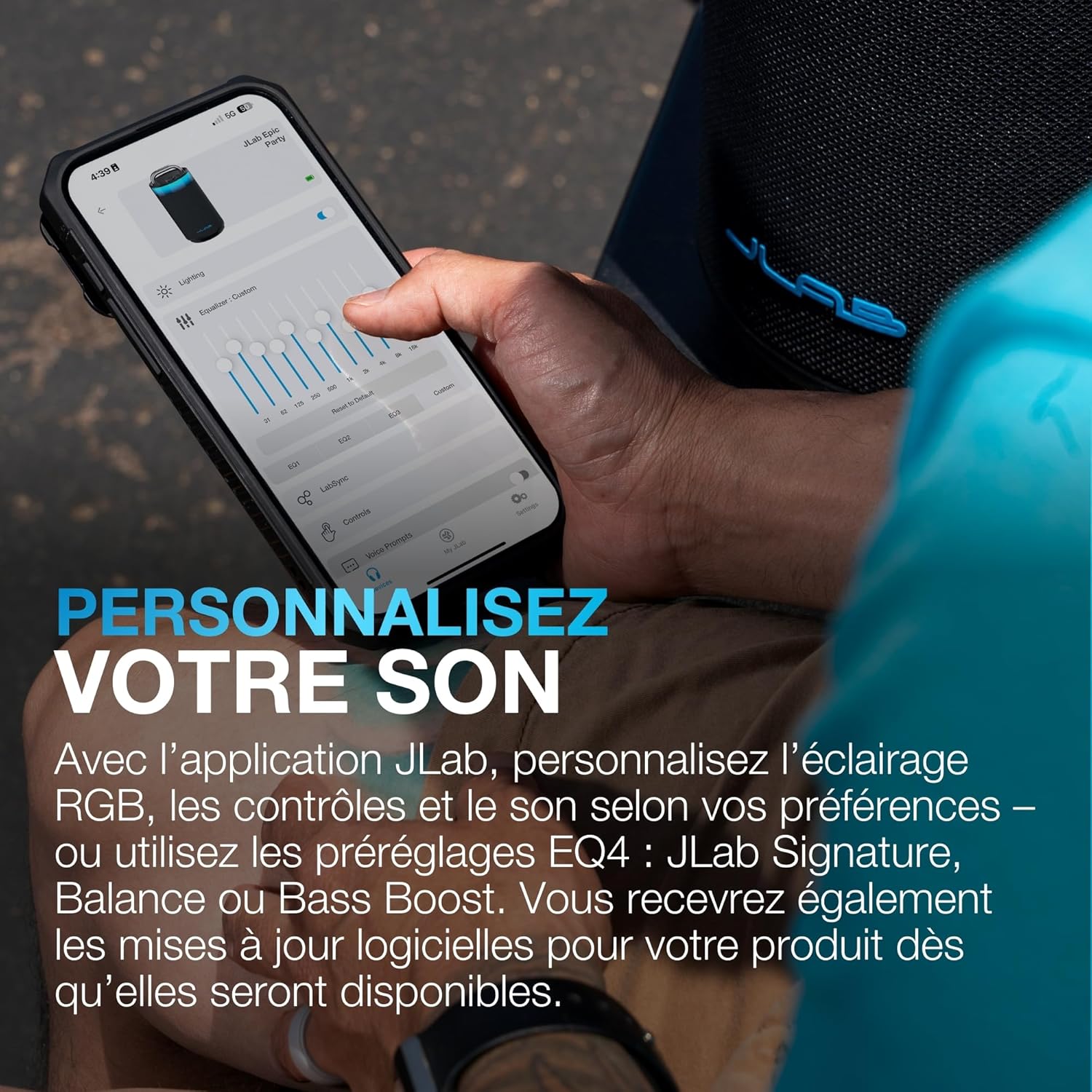 Detalle de JLab Epic Party enceinte Bluetooth portable 100W IP56, autonomie jusqu’à 16 h et lumières RGB