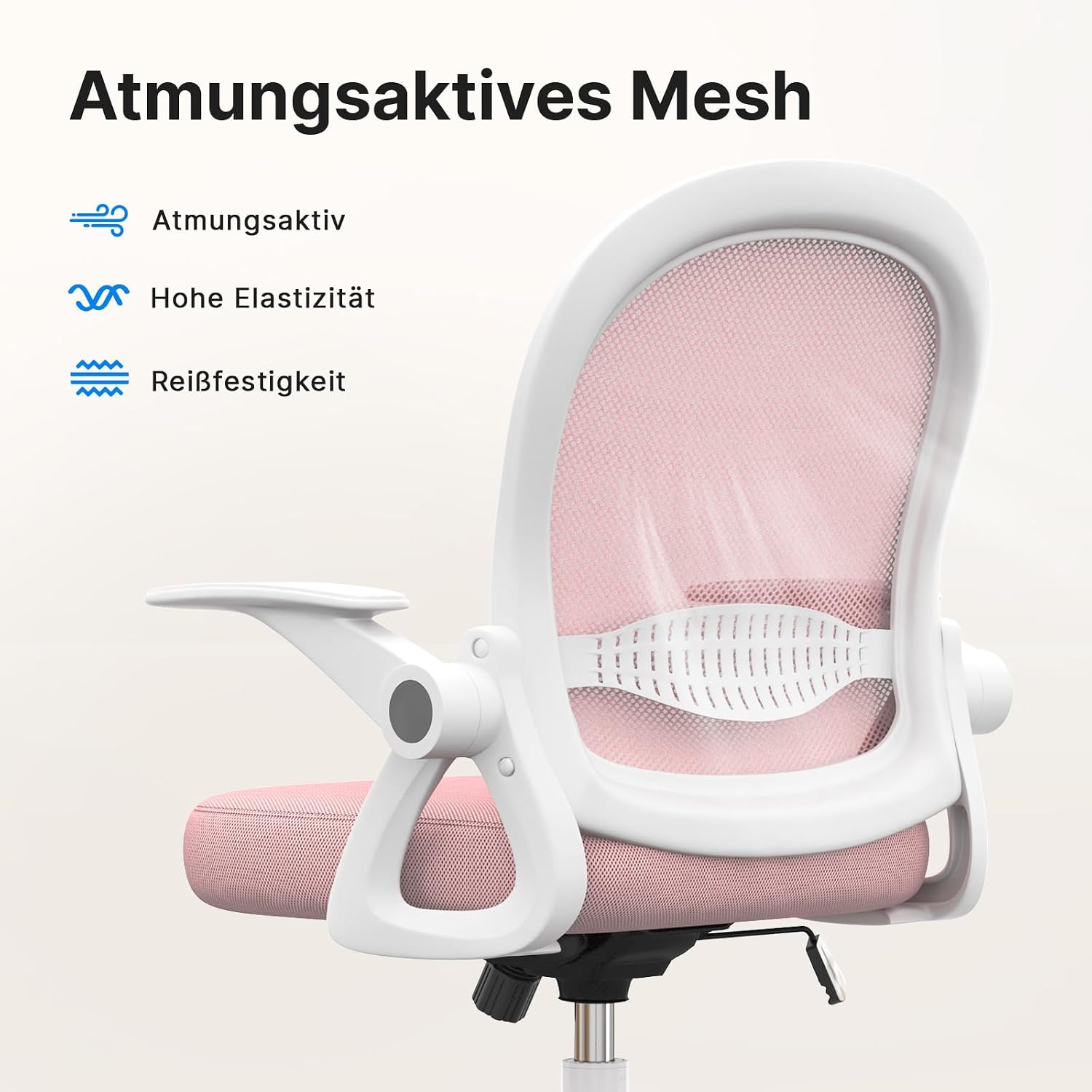 Detalle 2 de naspaluro Bürostuhl mit atmungsaktiver Mesh-Rückenlehne, höhenverstellbaren Sitz und 90° hochklappbaren Armlehnen (rosa)