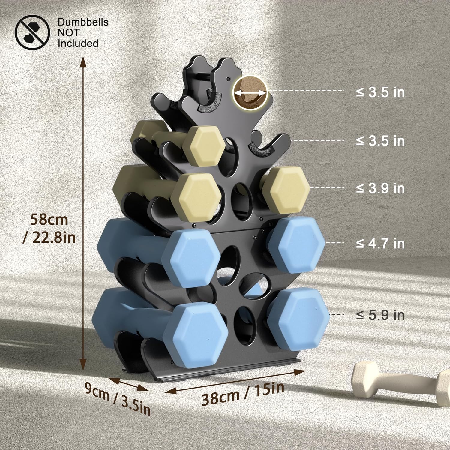 Detalle de Josmimic DR-CYD-5Tier halterstandaard met 5 niveaus en metalen A-frame