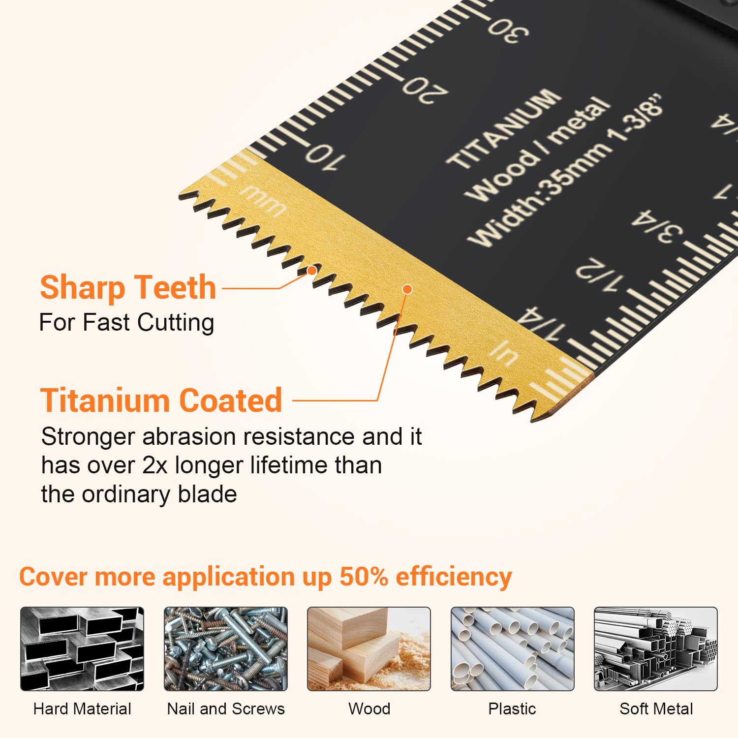 Detalle de PECHAM Tools-001 64-Piece Oscillating Multitool Blades, Titanium-Coated Teeth