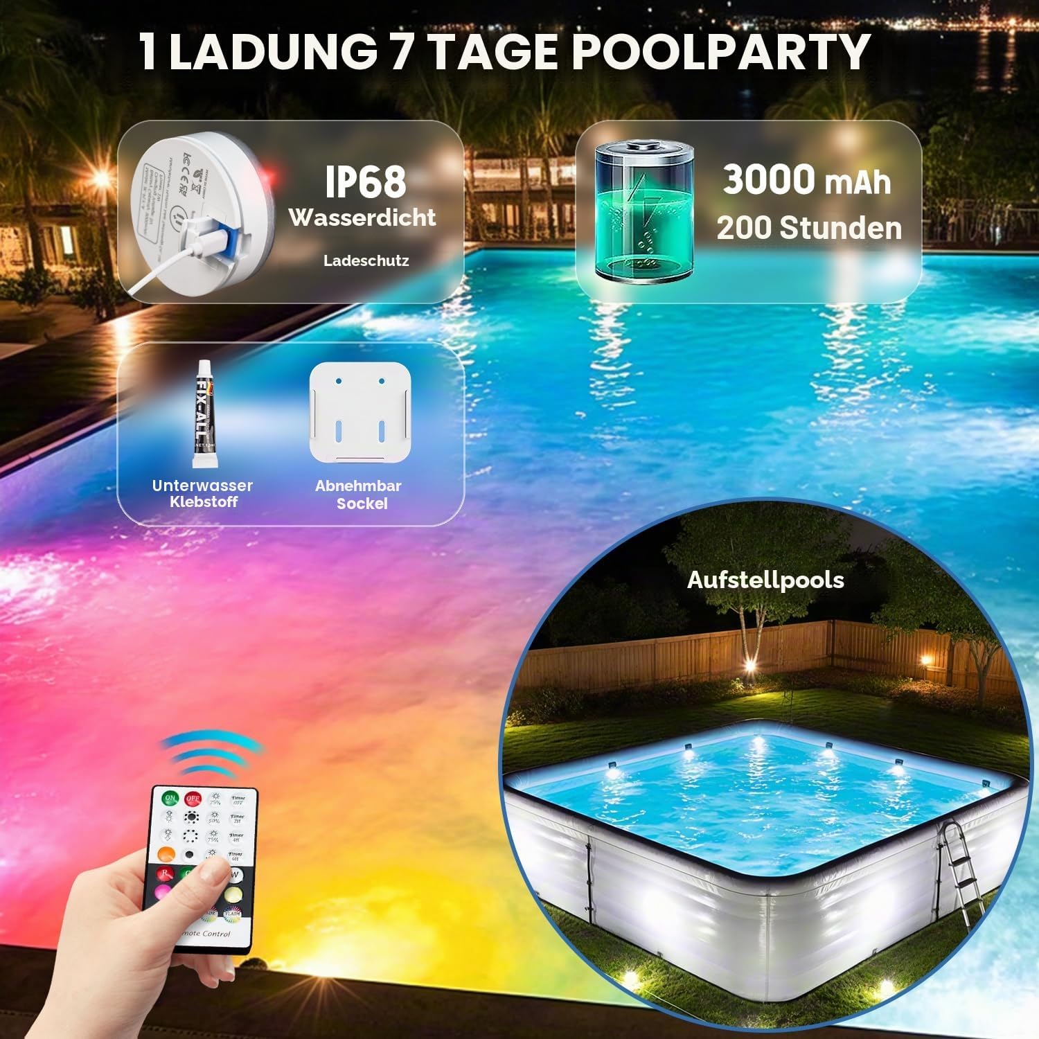 Thumbnail 3 de idyl light Unterwasser-Poolbeleuchtung, wiederaufladbar mit Fernbedienung (2 Stück, IP68)