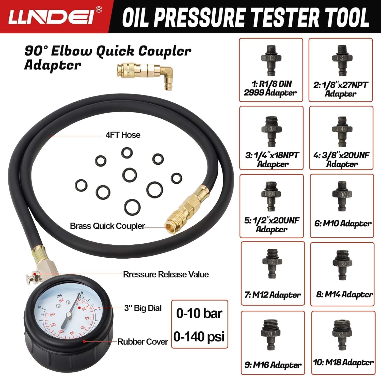 Detalle de LLNDEI Oil Pressure Tester Tool 0-140 PSI: Engine Oil Gauge Kit with 4 ft Hose and 90° Fitting