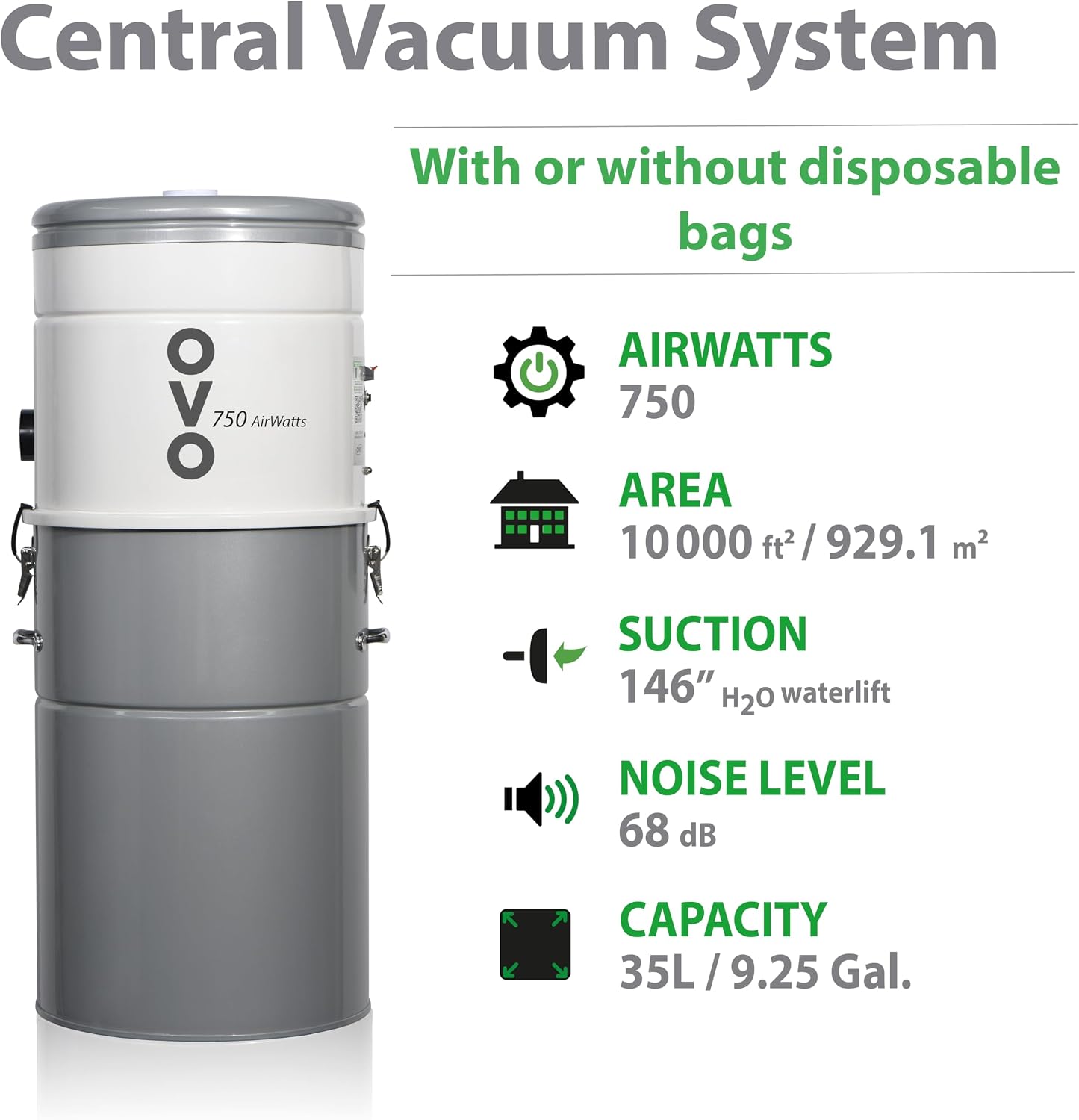Detalle de OVO OVO-750ST-35H Central Vacuum System, 750 Airwatts, 35 L Hybrid Filtration