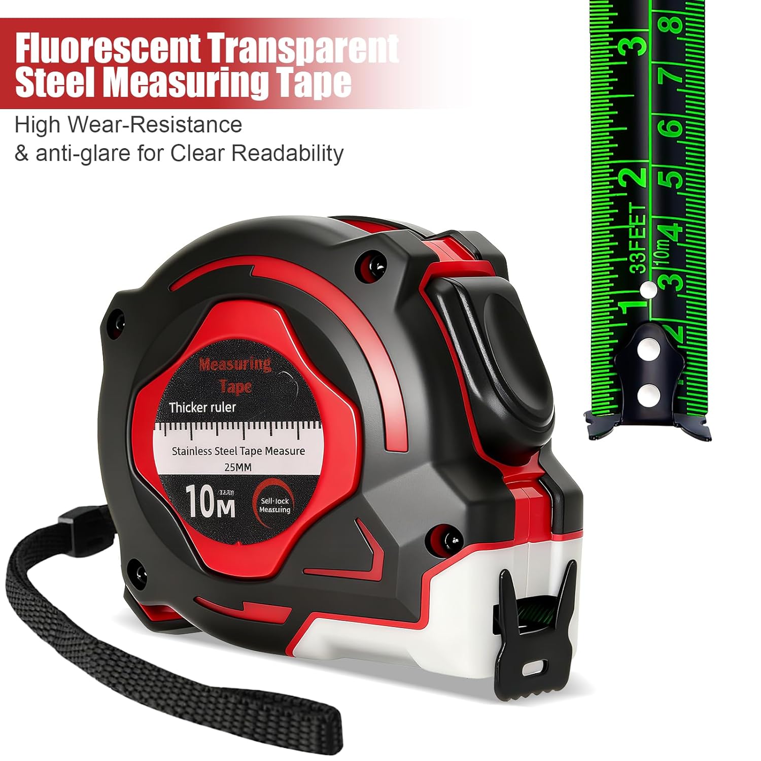 Thumbnail 4 de 2 Pack Tape Measure 10 Metre: Fluorescent, Self-Locking Stainless Steel, 25mm Wide for DIY and Professional Use