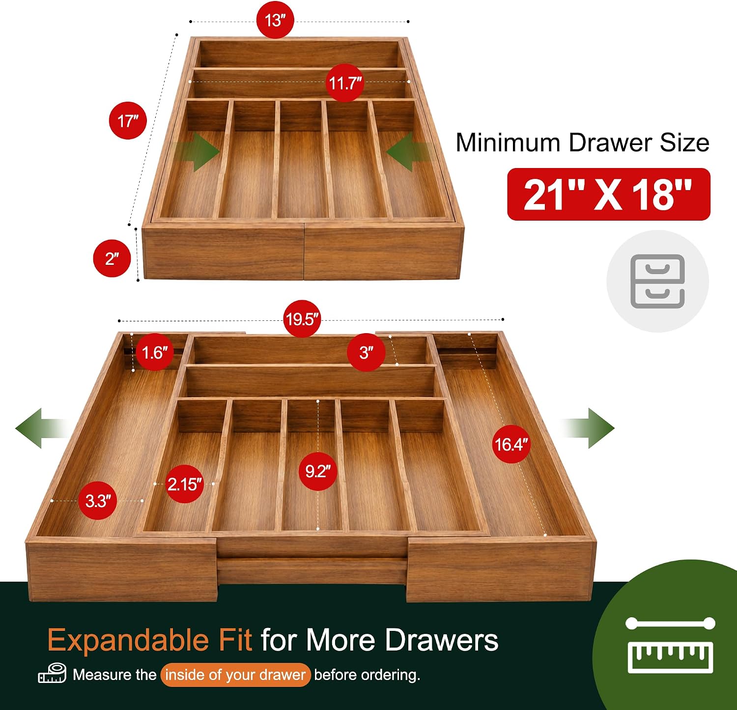 Thumbnail 1 de Oridom Large Premium Acacia Silverware Organizer: Expandable 7–9 Compartments