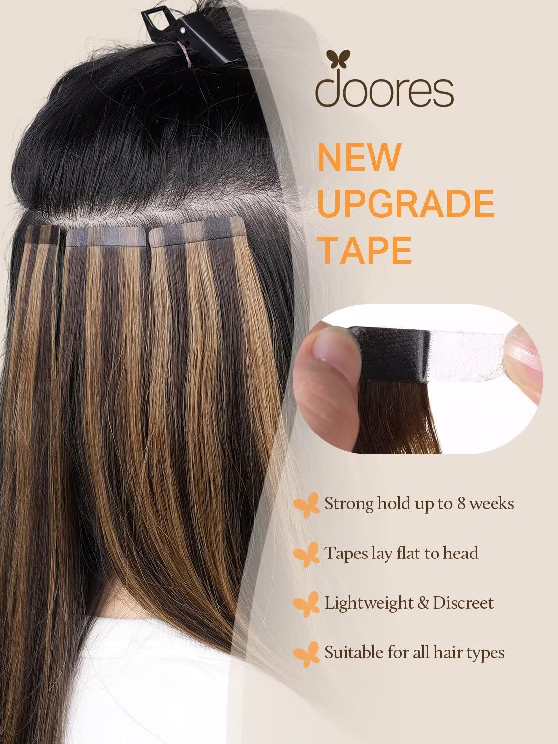 Thumbnail 4 de DOORES Extension Cheveux Naturel Adhésif brun foncé 50 cm (20 pièces, 50 g) — bande transparente à coller