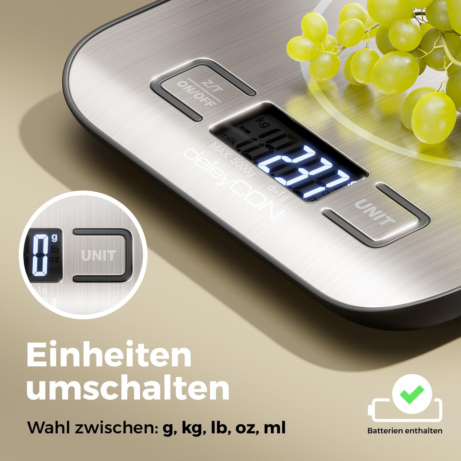 Detalle de DeleyCON Küchenwaage Digital MK6927 – Präzise 1 g, 5 kg max, flach, Edelstahl-Plattform