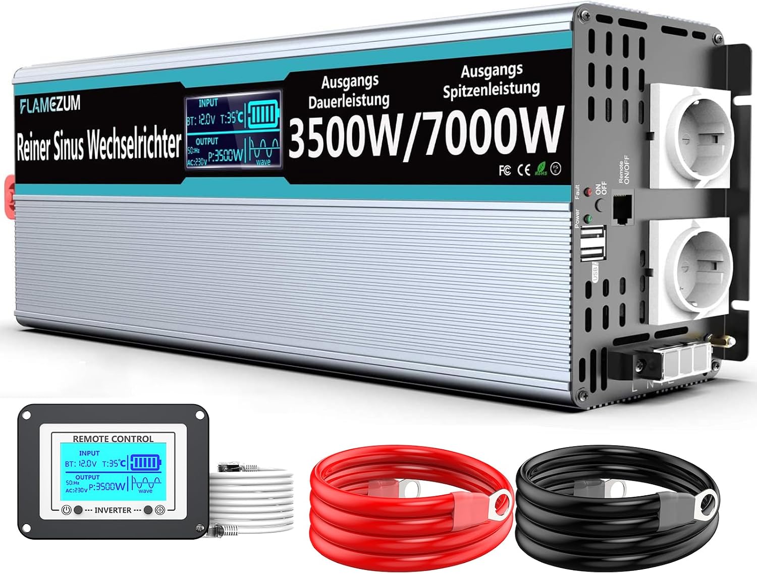 Detalle de FLAMEZUM Inverter 3500W 12V→220V onda pura con display LCD e telecomando