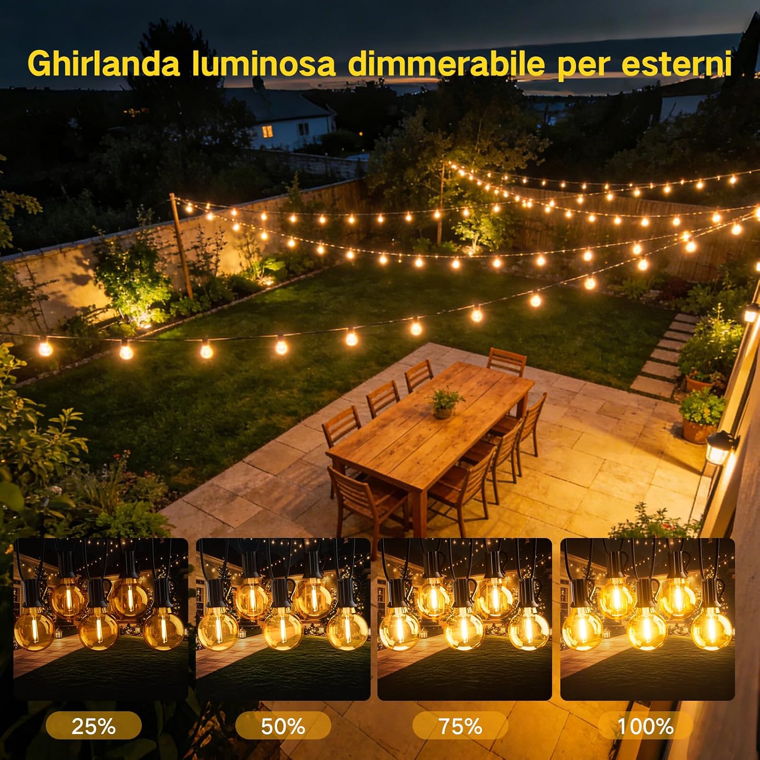 Thumbnail 1 de Catena Luminosa Esterno 30M IP65 con Luci LED G40 Dimmerabili e Telecomando – Giardino, Terrazze e Festività