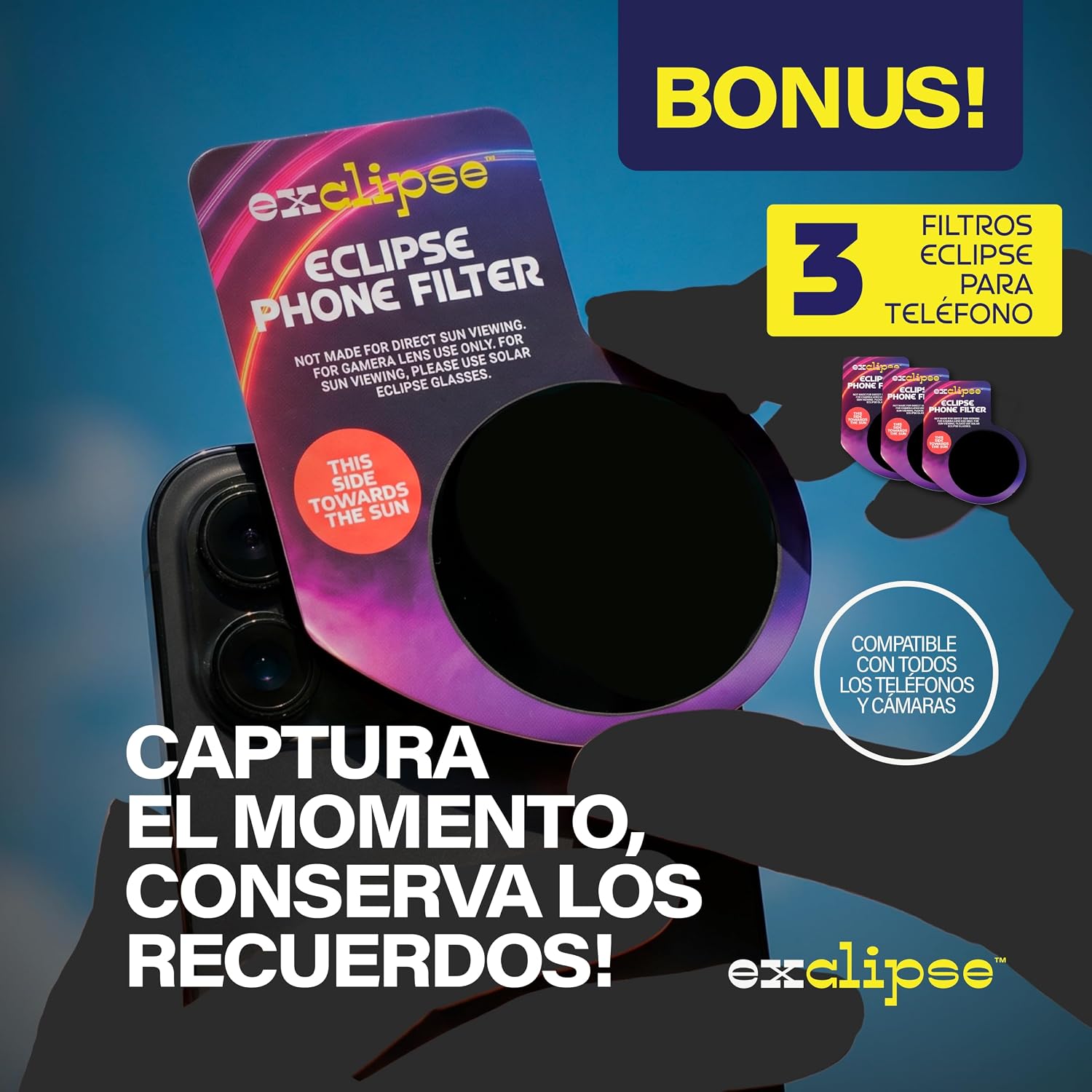 Detalle de Exclipse 10 Gafas Eclipse Solar con 3 Filtros para Móvil – Kit Completo ISO 12312-2 para Ver y Fotografiar el Eclipse 2026