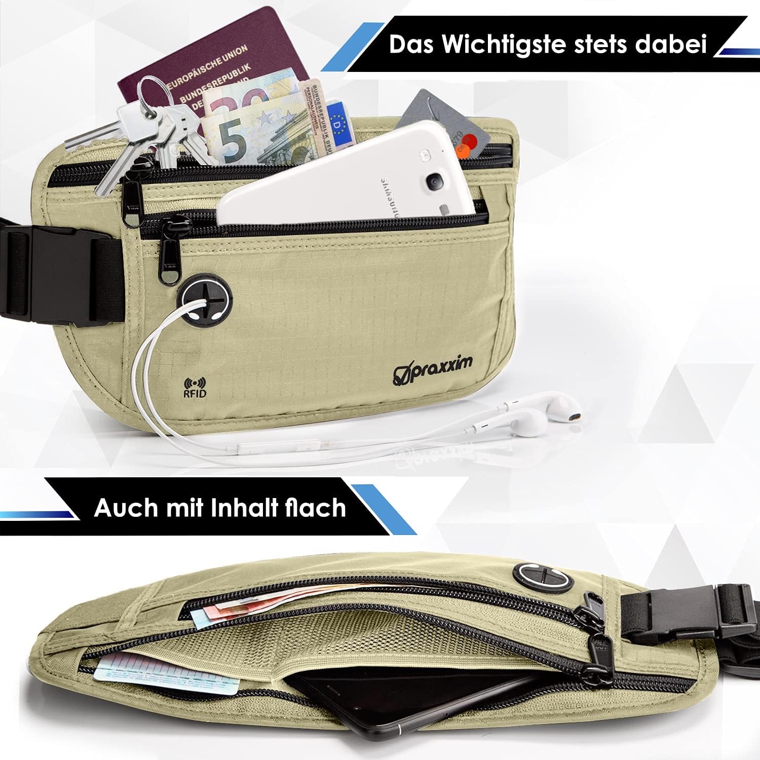 Thumbnail 2 de praxxxim Extra flache Bauchtasche für Damen & Herren – Hüfttasche für Handys bis 7 Zoll, beige