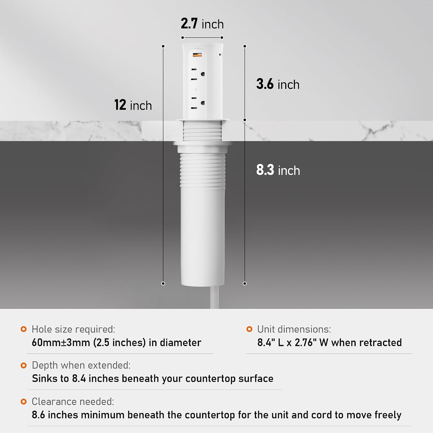 Thumbnail 6 de VILONG OEUP019B 2.5-Inch Pop-Up Countertop Outlet, 4 Outlets and 4 USB Ports