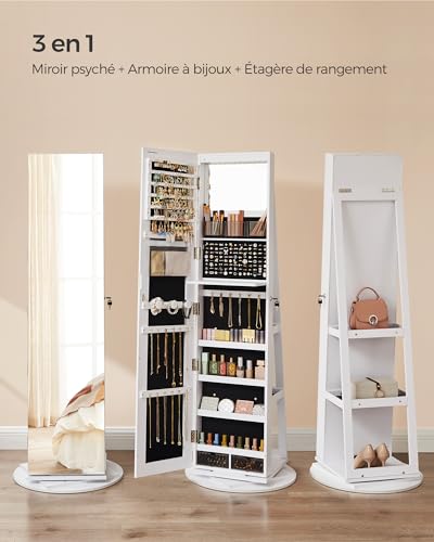 Thumbnail 4 de SONGMICS Armoire à Bijoux avec Miroir et LED – rangement pivotant 360°, 6 LED, portes verrouillables (JJC007W01)