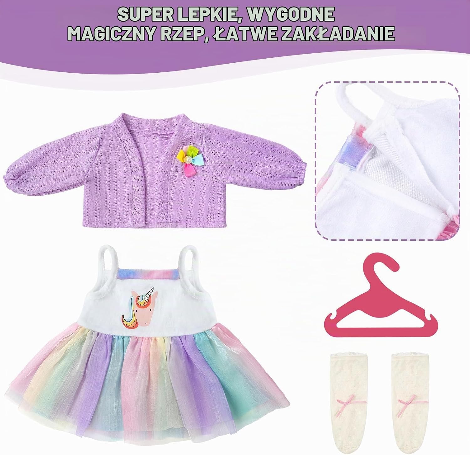 Thumbnail 4 de Aolso EUV8-WWYF-DJCQ-FBA – ubranka dla lalek 35–45 cm, motyw jednorożca
