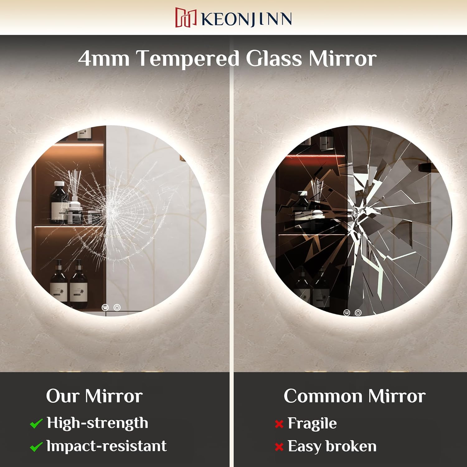 Thumbnail 4 de Keonjinn Badspiegel rund 60 cm mit Beleuchtung, Anti-Beschlag & Touch-Dimmer