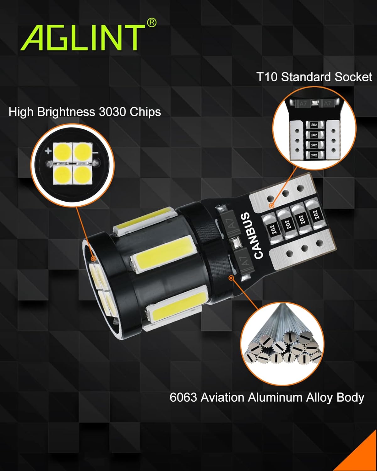 Detalle 2 de AGLINT 194 LED Bulbs CANBUS Error Free T10 (W5W/168/2825) 6500K White – 4 Pack