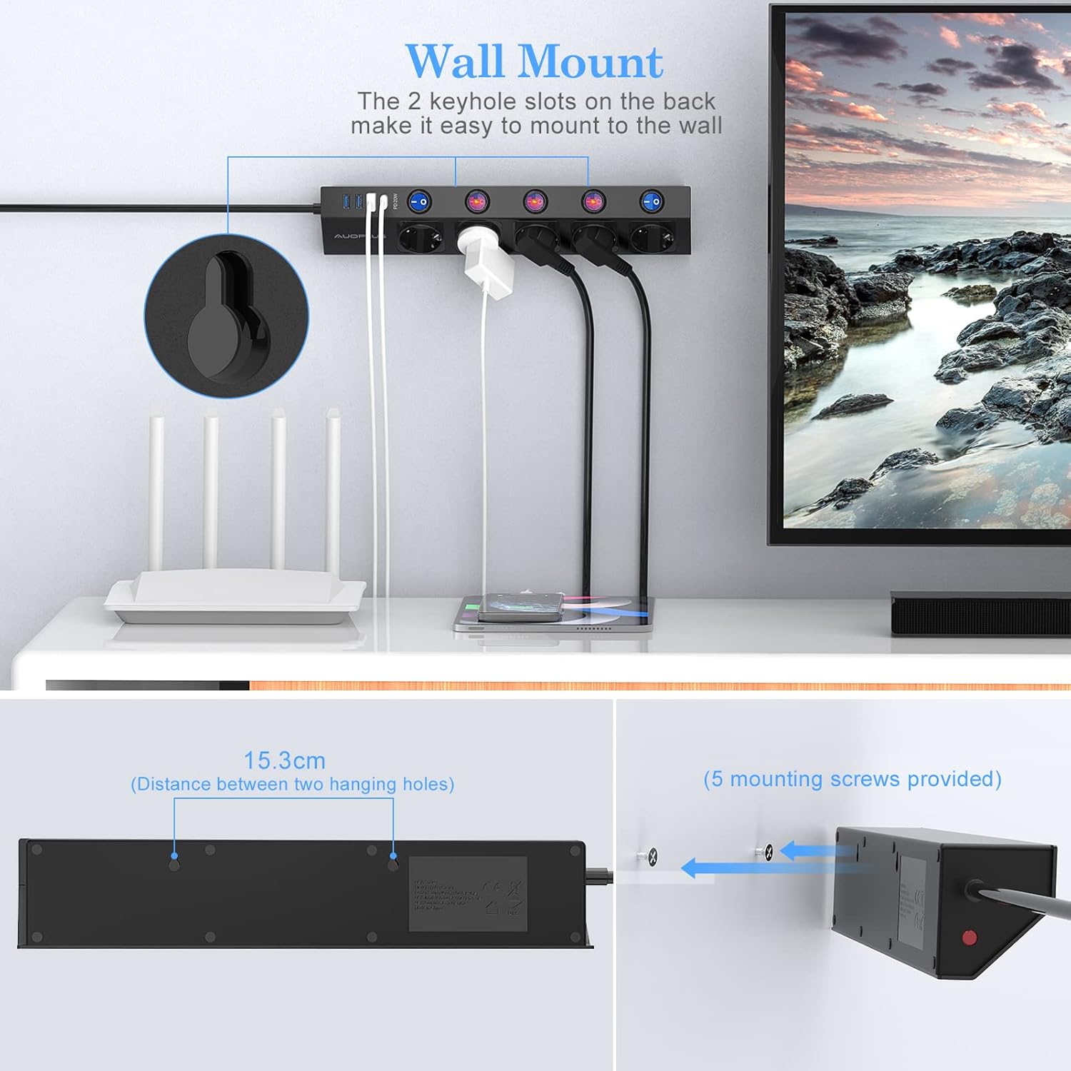 Detalle de AUOPLUS Steckdosenleiste Einzeln Schaltbar – 5 Steckdosen, USB-C PD 20W, 2 m Kabel, Wandmontage, Überspannungsschutz