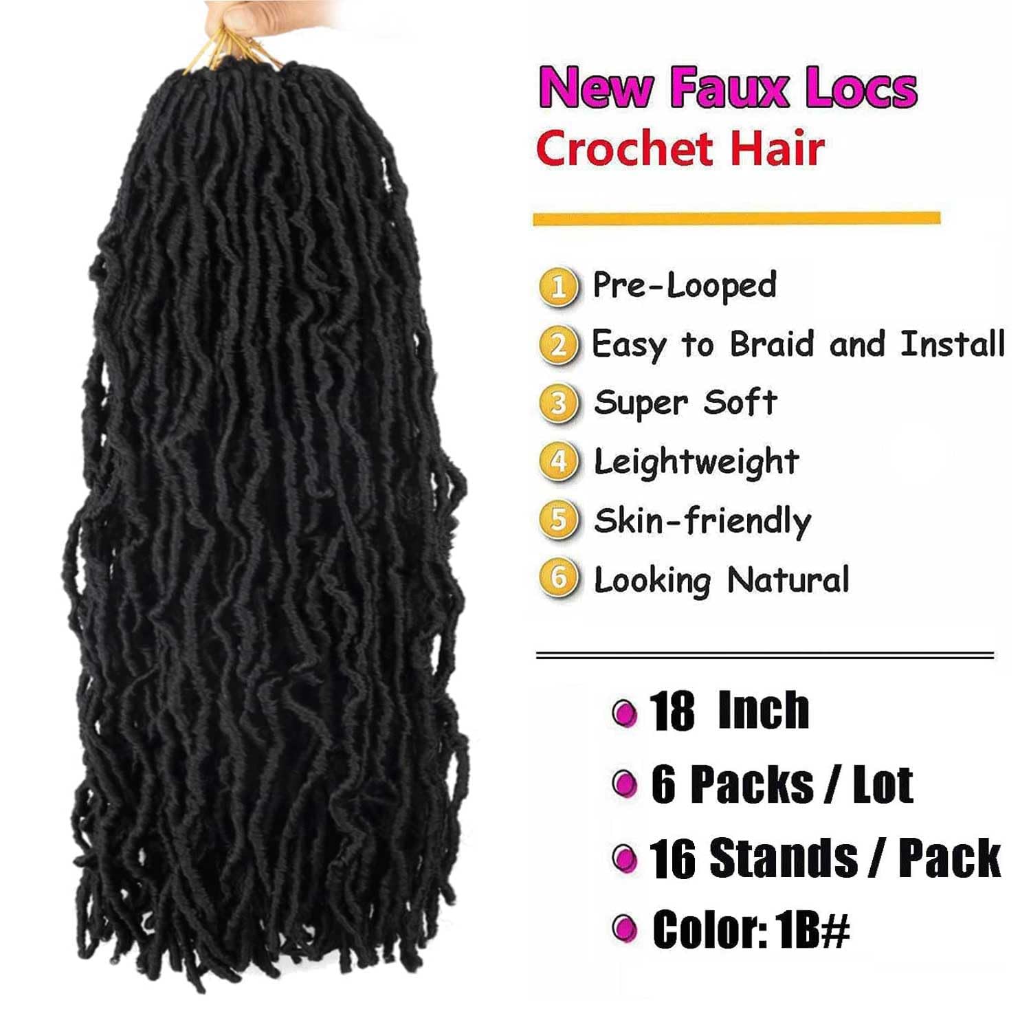 Thumbnail 1 de 6-Pack Soft Locs Crochet Hair Pre-Looped Faux Locs (18 Inch) — Goddess Curly/Wavy Crochet Locs