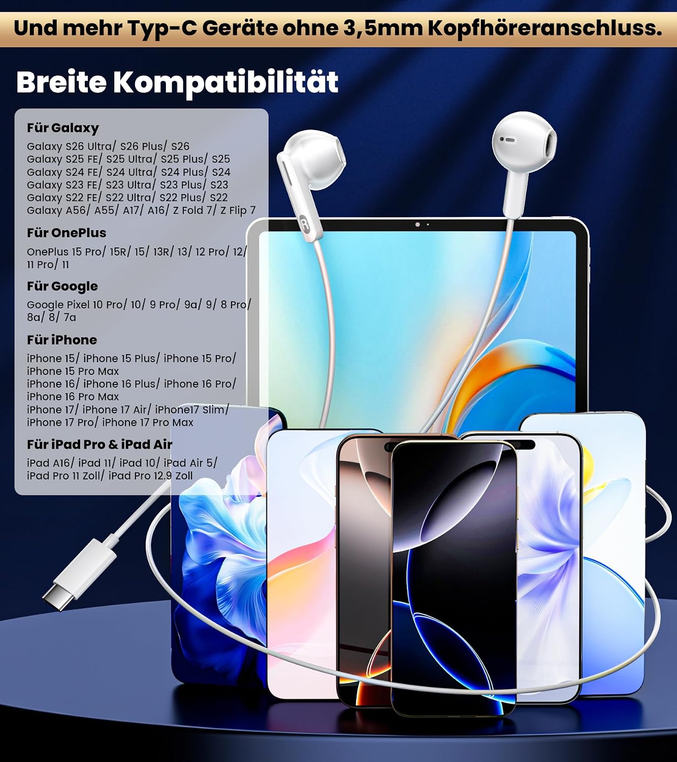 Detalle de USB-C Kopfhörer mit Kabel – HiFi-Sound, DAC-Unterstützung und breite Kompatibilität