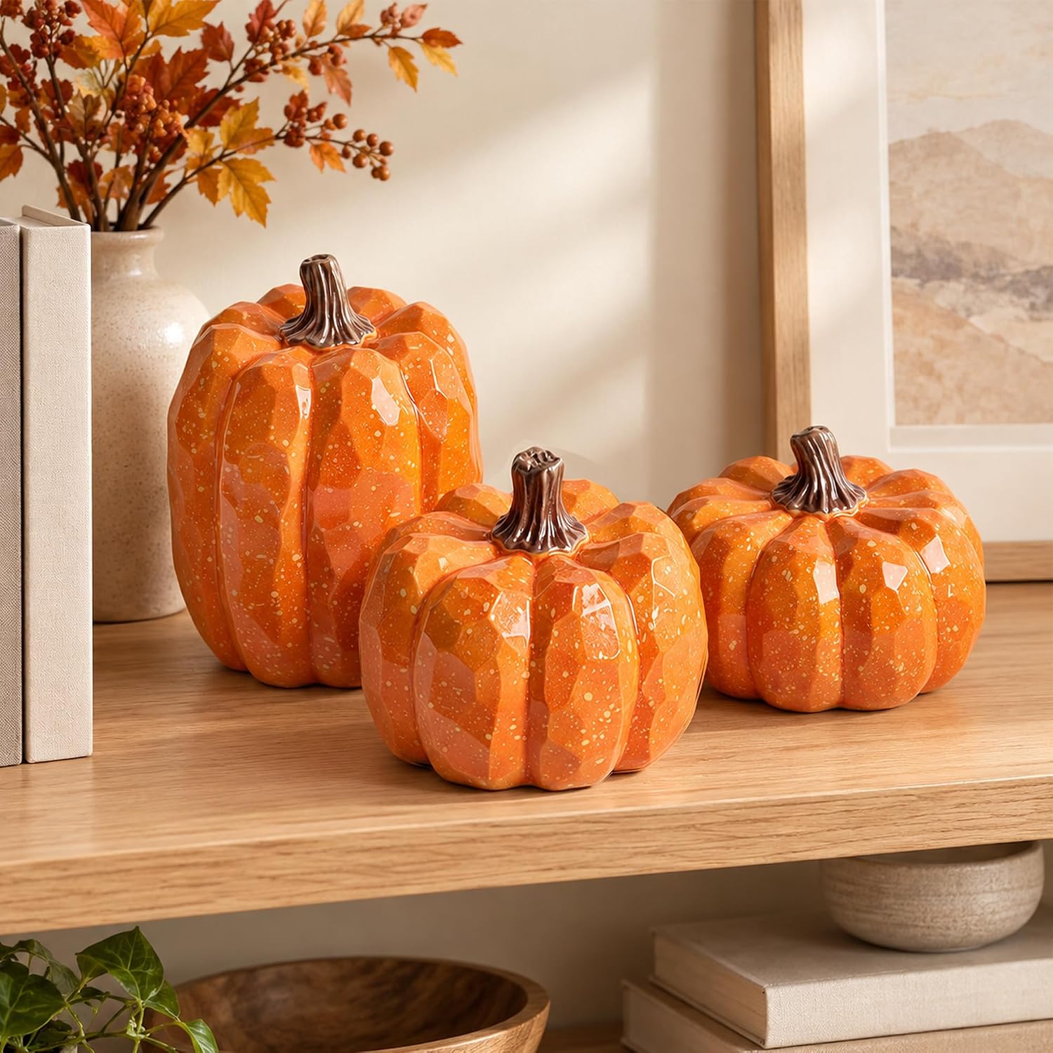 Detalle de winemana Orange Artificial Pumpkins, Set of 3 Resin Fall Decorations