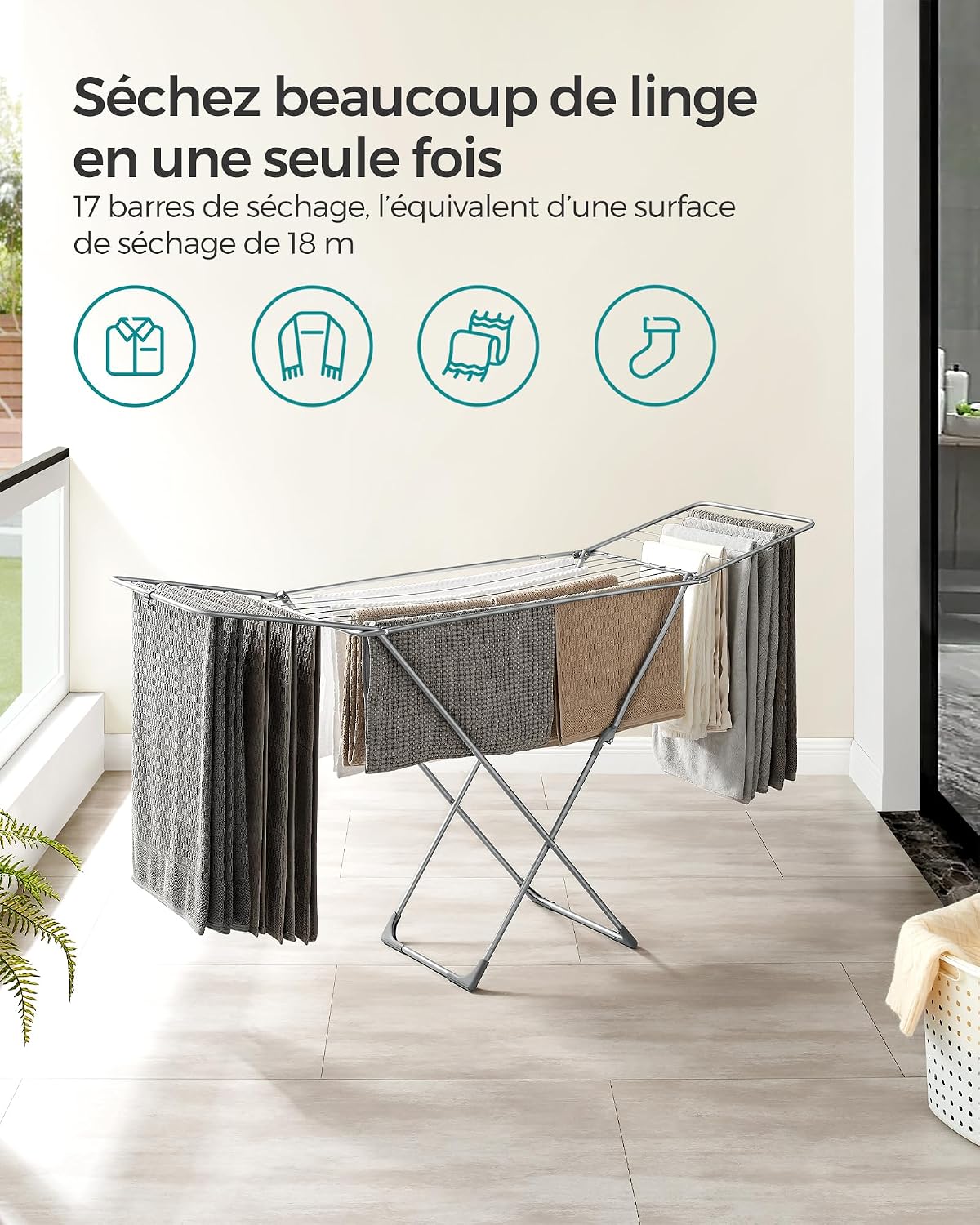 Thumbnail 2 de SONGMICS LLR540W01 : étendoir à linge pliable sur pieds avec 17 barres