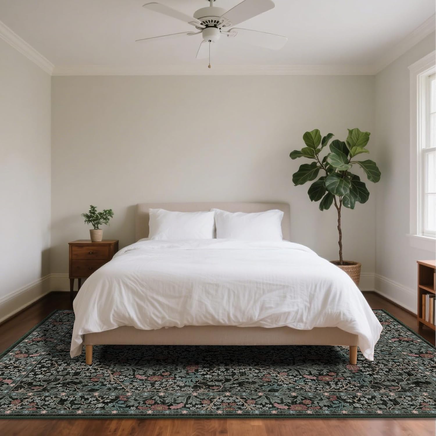 Thumbnail 1 de shinefly 8x10 Washable Floral Area Rug — Dark Green, Non-Slip, Low Pile