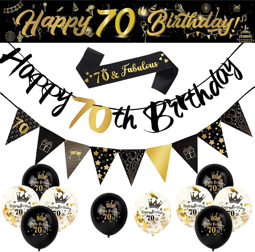 Detalle de 14-Piece 70th Happy Birthday Decorations Kit with 9ft Banner, Triangle Flags, Confetti Balloons