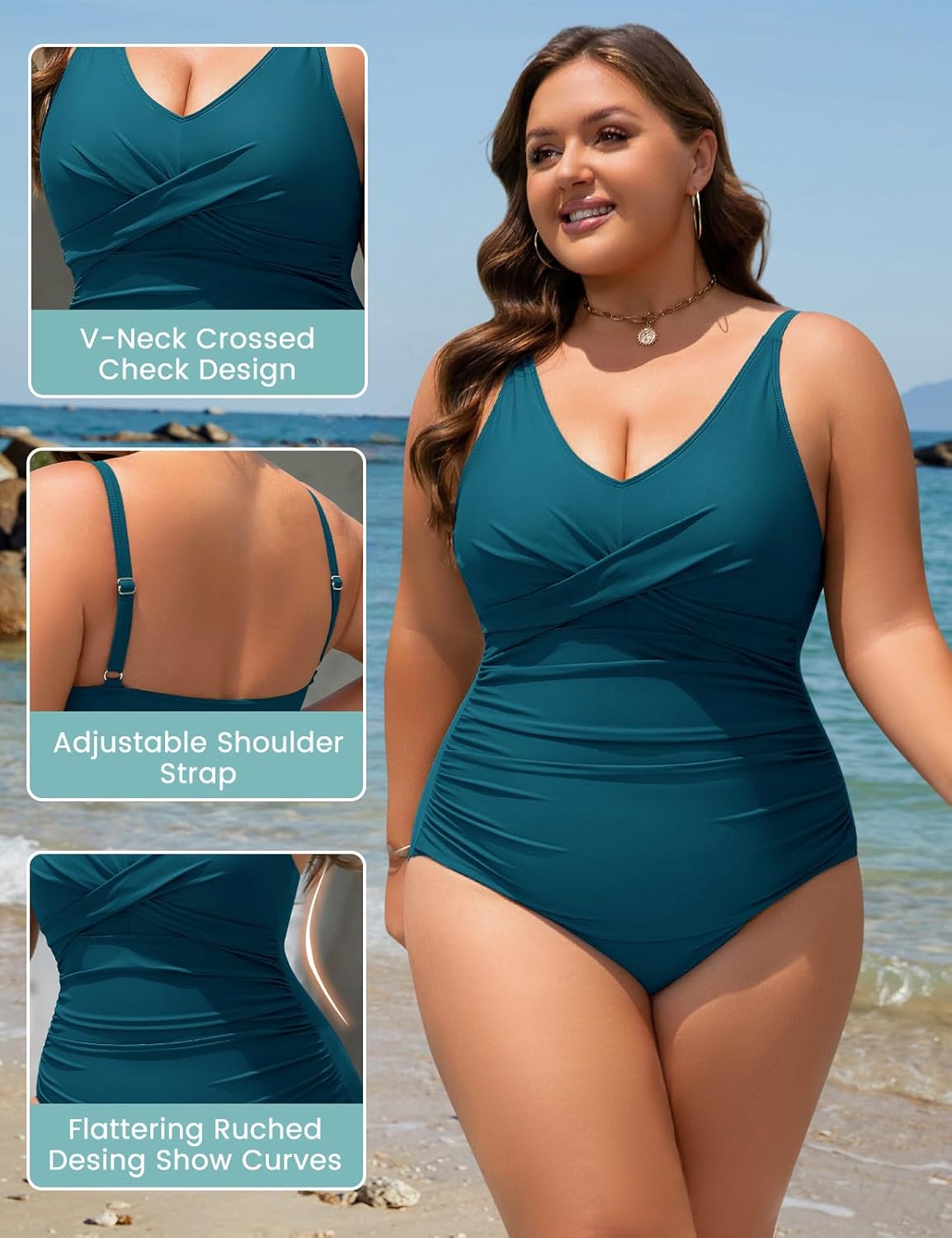 Detalle de UMIPUBO Maillot de Bain Femme 1 Pièces Gainant Grande Taille - Ventre Plat, Col en V, Push Up, Tissu Rembourré, L-4XL