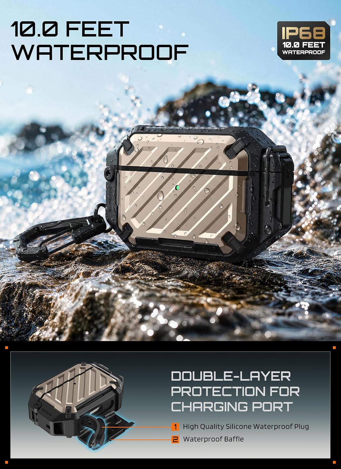 Detalle de SUPCASE AirPods Pro 3 Case with Lock & Carabiner – Desert, IP68 Waterproof, MagSafe Compatible