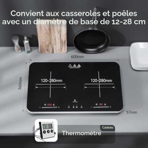Detalle de COOKNANO Plaque à Induction Double 3600W – Contrôles indépendants et minuterie 6h