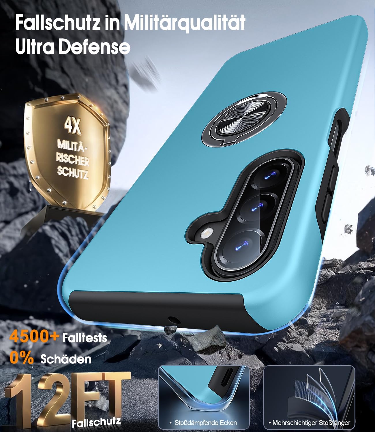 Detalle de AOUIA Hülle für Samsung Galaxy A17 5G – 2 Panzerfolien, 360° Ringständer, Militärschutz, Sierra Blau