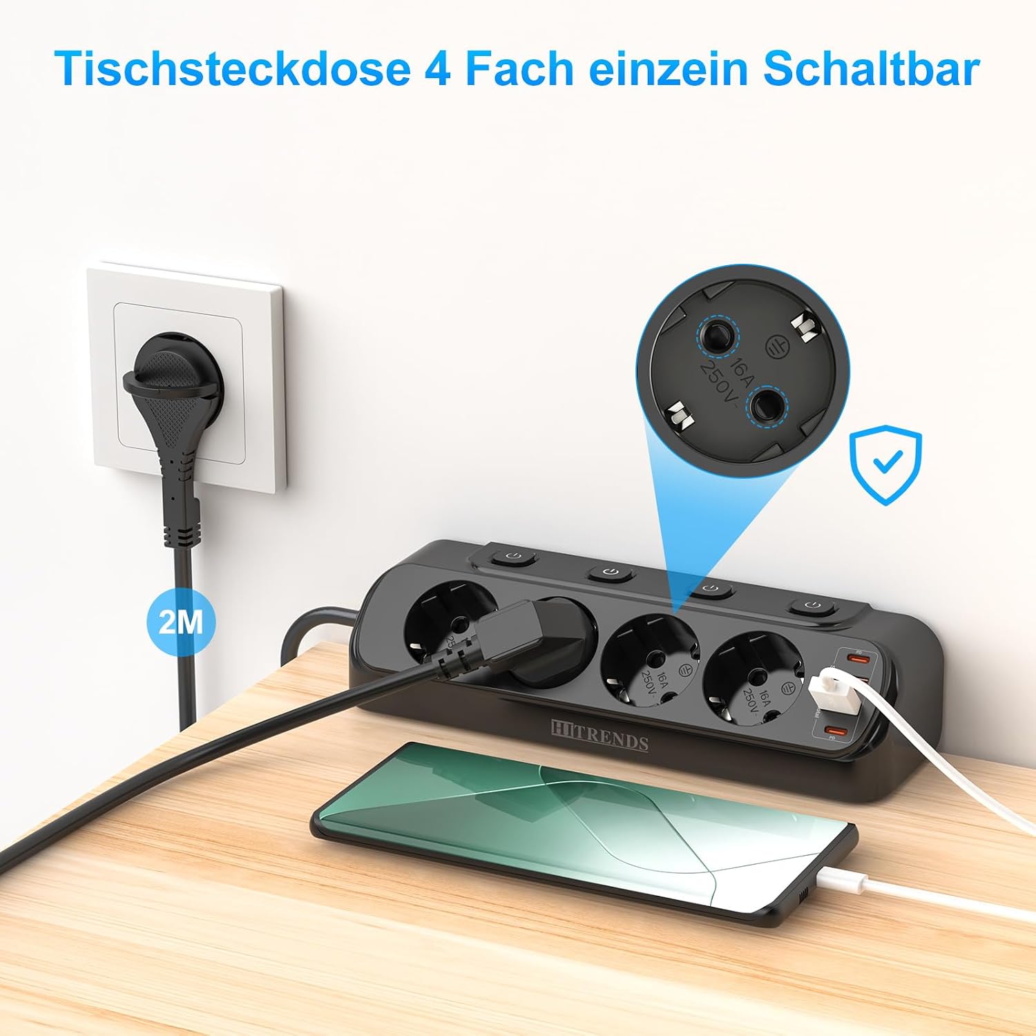 Detalle 2 de Ecksteckdose 8‑in‑1 mit 2 USB und 2 Type‑C 🔌